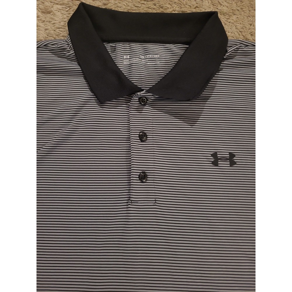 Under Armour Mens HeatGear Loose Polo Shirt Black/Gray Stripe 3XL